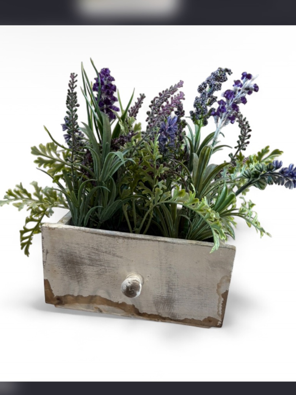 Rustic Lavender and Green Faux Floral Arrangement in Distressed White Planter